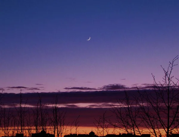 Ensamt Växande Måne Ser Bort Solnedgången — Stockfoto