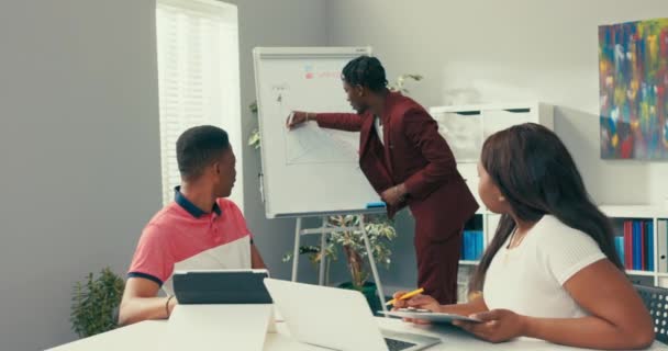 Ein gutaussehender dunkelhäutiger Angestellter in einem kastanienbraunen Anzug steht in einem Büro neben einer weißen Tafel, zeichnet eine Grafik, erklärt Beziehungen, führt eine Schulung durch, eine Konferenz.. — Stockvideo