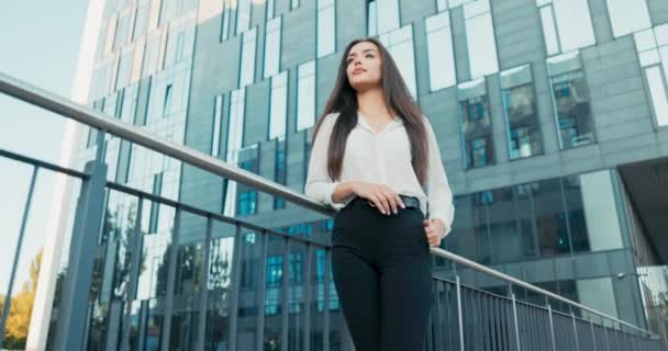 Hermosa atractiva elegantemente vestida en camisa blanca mujer se para en la barandilla junto al edificio de vidrio de la corporación donde trabaja, mujer de negocios mira hacia el futuro, cabello desaliñado, sonriendo a la cámara — Vídeos de Stock