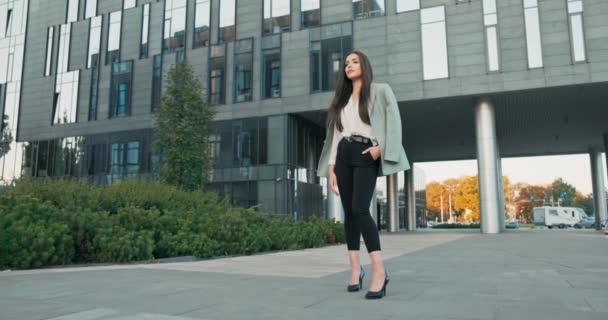 Красивая женщина с великолепной фигурой стоит перед современным офисным зданием одетый в элегантную одежду шпильки, деловая женщина, глава компании, скрещивает руки на груди серьезное лицо — стоковое видео