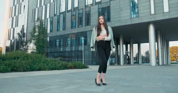 Belle femme avec une silhouette magnifique se tient en face de l'immeuble de bureaux moderne habillé de stilettos élégants vêtements, femme d'affaires, chef d'entreprise, croise les bras sur la poitrine visage sérieux — Video