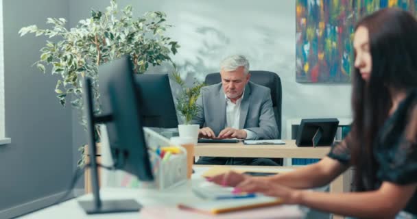 在办公室忙的下午，公司成熟的公司主管，白发苍苍地坐在办公桌前填写文件，看着电脑黑发助理秘书注销同事的电子邮件 — 图库视频影像