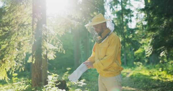 Un joven cuidador que trabaja en el bosque junto a las colmenas colmenas está de pie con una red protectora sobre su cabeza para evitar las picaduras de abejas, un experimentado apicultor se pone guantes gruesos de protección — Vídeo de stock