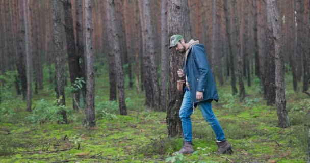 Ein junger Mann, der von Pilzen fasziniert ist, spaziert in seiner Freizeit durch die Wälder auf der Suche nach seinen Lieblingspilzsorten und sucht vorsichtig nach Steinpilzen, Pfifferlingen, Trüffeln — Stockvideo