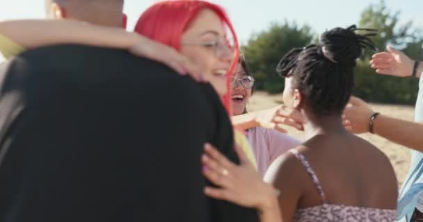 Drei Leute, die auf den Rest ihrer Freunde warten, Nachzügler, alle begrüßen sich herzlich, Umarmungen, Freude, Glück, Treffen nach Jahren, Studenten, lange Zeit keine Überraschung, High-Fiving — Stockvideo