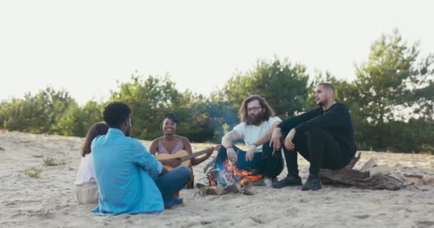 Freunde sitzen am Sand am See, verbringen Zeit miteinander, spielen, entspannen am Lagerfeuer, eine Frau spielt Gitarre, singt, trinkt Bier — Stockvideo