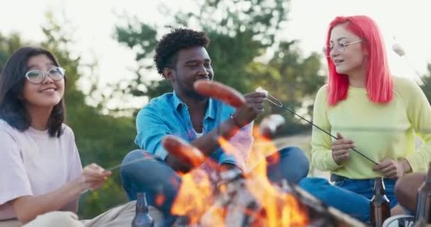 Amis de différentes nationalités sont assis sur la plage par le feu sur le sable boire de la bière friture saucisses sur le feu sur des bâtons manger guimauve parler discuter passer du temps ensemble rire — Video