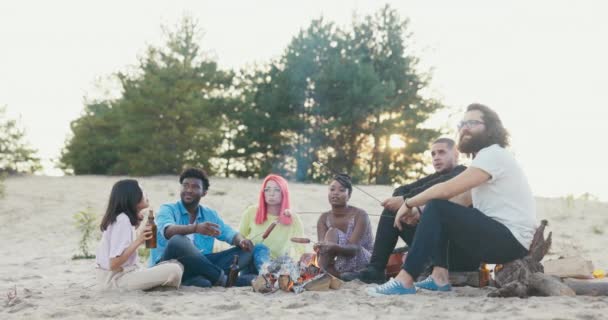 Lagerfeuer am Sommerabend bei der untergehenden Sonne an einem wilden Strand, Freunde sitzen auf einem Baumstamm, Sand um brennendes Holz, Bratwürste, Marshmallows, Brot, Bier trinken, reden, entspannen — Stockvideo