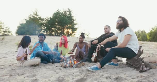 Młodzi przyjaciele cieszą się słonecznym wieczorem nad jeziorem. Śmieją się siedząc na piasku z butelkami piwa przy ognisku, smażąc kiełbaski, gadając, opowiadając historie — Wideo stockowe