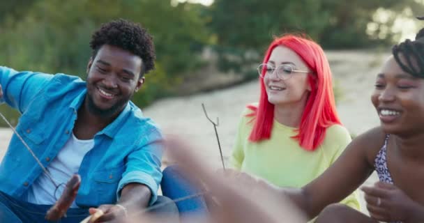 Studenten treffen sich abends, um gemeinsam am Lagerfeuer am See Würstchen zu braten, Zeit im Freien zu verbringen, Spaß zu haben, Witze zu machen, junge Leute zu entspannen und miteinander zu reden. — Stockvideo