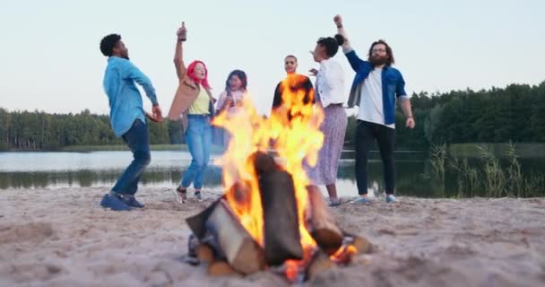 湖では、ビーチでキャンプファイヤー、背景に友人のグループのパーティーが、彼らは、音楽、遊び、愚か者の周りのリズムにダンス、歌を歌うビールを飲む。 — ストック動画