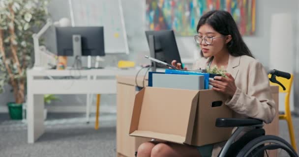 Positive smiling cheerful attractive young women with glasses is disabled rides in wheelchair and because of this gets promotion to another position, holds on lap cardboard box with things accessories — Stock Video