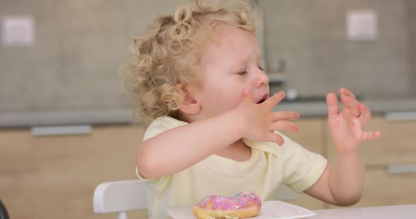 Sevimli küçük kız donut yedikten sonra parmaklarını yalıyor. Mutfak masasında otururken Donut tabağın önünde. — Stok video