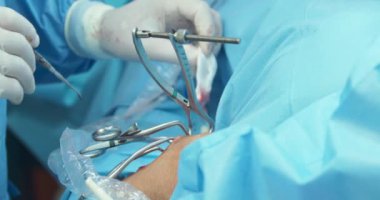 Erkek veterinerin elleri, beyaz eldivenler ve cerrahi kıyafetler içinde ameliyat sırasında anestezi edilmiş bir köpeğin arka bacağını ameliyat ederken elleri, kadın asistanın eldivenleriyle,