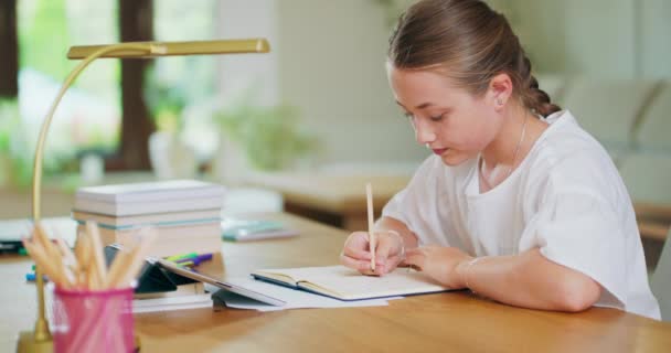 Fermé jeune fille concentrée, au bureau, écrit dans un carnet et fait défiler la tablette Crayons, lampe, tablette, carnets, livres sur le bureau Murs, canapé, fenêtre sur le fond sont flous Photo de côté — Video