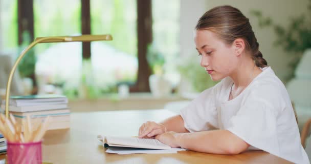 Закрытая целеустремленная девочка-подросток, за столом, читает книгу, отслеживает линии пальцами Книги, ноутбуки, карандаши, лампы вне фокуса Фон размыт Картинка в сторону — стоковое видео