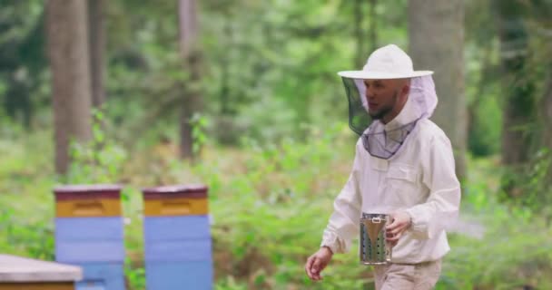 Szakállas fiatal férfi méhész fehér védőruhában sétál át a méhészeten, a kaptárak között, az erdő közepén, kezében egy új fémfüstölő, füsttel kijövő fákkal és erdőkkel. — Stock videók