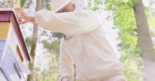 Молодой бородатый пчеловод в белом защитном костюме, пускает дым с курильщиком в улей и кладет курильщика на улей с левой стороны рамы. — стоковое видео