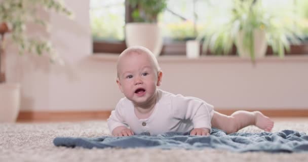 床の上の敷物や毛布に這う小さな赤ちゃんの終わり、すべての4で上昇し、繊細な顔に落ちる白い壁、窓、背景に緑の植物 — ストック動画