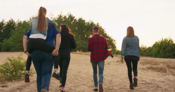 Tourism travel people leisure and teenage concept - group of happy friends hugging and walking lakeside from back — Stock Video