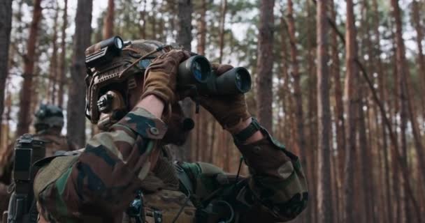Podczas misji rozpoznawczej dowódca w pełni wyposażonych, zakamuflowanych żołnierzy szuka wroga przez lornetkę w gęstym lesie sosnowym. — Wideo stockowe