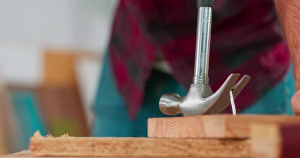 De timmerman draagt een rode flanellen overhemd jeans en doek beschermende handschoenen trekt een slecht aangedreven nagel met een timmerman hamer — Stockvideo