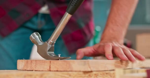 De timmerman draagt een rode flanellen overhemd jeans en doek beschermende handschoenen trekt een slecht aangedreven nagel met een timmerman hamer — Stockvideo