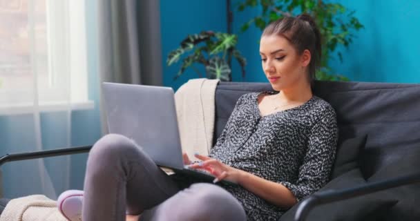 Sonriente joven sentada en el sofá usando portátil portátil mirando el mensaje de escritura de pantalla, feliz — Vídeo de stock