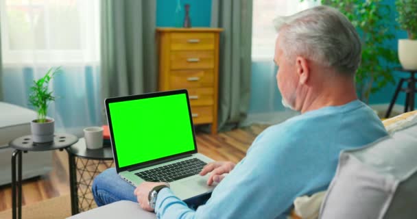 Ο ηλικιωμένος στο σπίτι κάθεται σε έναν καναπέ λειτουργεί σε έναν φορητό υπολογιστή με πράσινο — Αρχείο Βίντεο