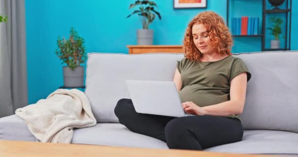 En rödhårig gravid kvinna sitter på en soffa i vardagsrummet med en dator — Stockvideo