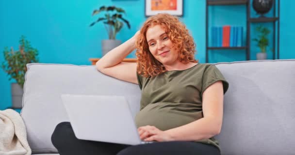 Gravid kvinna slappnar av i vardagsrummet soffa med laptop i knät, är på mammaledighet, — Stockvideo