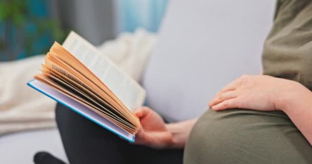 Zaawansowana kobieta w ciąży relaksuje się na kanapie w salonie podczas urlopu macierzyńskiego, spędza — Wideo stockowe