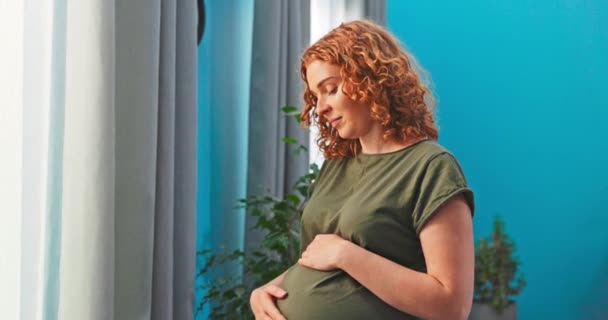 Närbild på profil stående gravid kvinna, vardagsrum landskap, flicka drömmande vidrör magen — Stockvideo