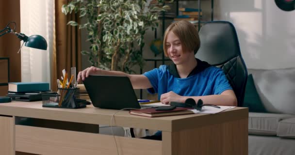 Concept Lessons Home Young Boy Sits Desk Front Laptop Closes — Stock Video