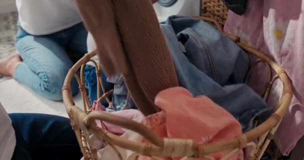 Taking Clothes Out Wicker Basket Putting Them Washing Machine Drum — Stock Video