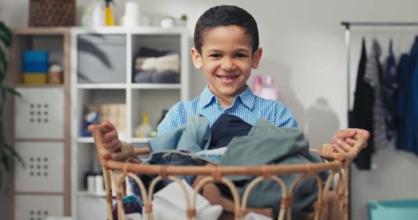 Smiling Handsome Little Boy Stands Middle Bathroom Laundry Room Holding — Stock Video