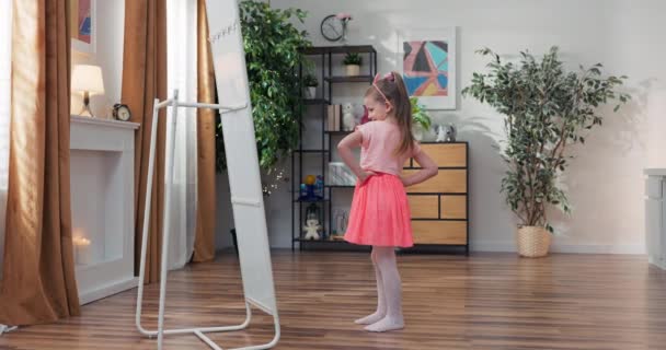 Pretty Little Girl Choosing Dress Bedroom Cheerful Child Shuffling Clothes — Vídeo de stock