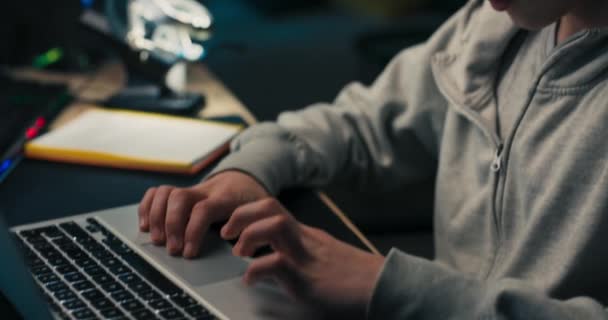 Close Boys Hands Scrolling Laptop Searching Information Internet Focused Child — Vídeos de Stock