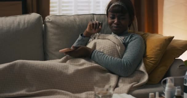 Dark Haired Woman Lying Bedroom Resting Severe Illness Several Days — Vídeo de Stock