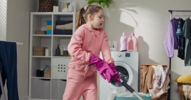 Scrubbing Mop Floor Little Girl Helps Mom Household Chores Cleans — Stockvideo