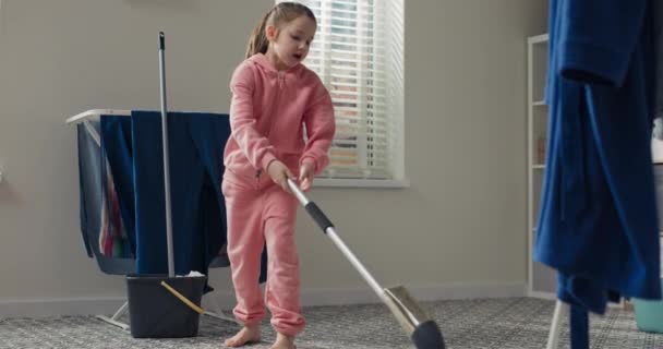 Scrubbing Mop Floor Little Girl Helps Mom Household Chores Cleans — Wideo stockowe