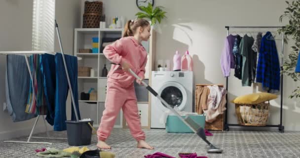 Scrubbing Mop Floor Little Girl Helps Mom Household Chores Cleans — 图库视频影像