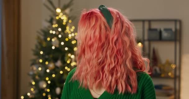 Veselá Dívka Usmívá Raduje Vánočních Svátků Krása Oblečen Zeleném Svetru — Stock video