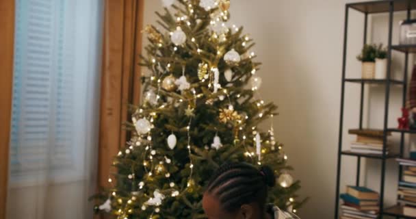 Cheerful Young Woman Received Warm Winter Hat Gift She Stands — Stock videók