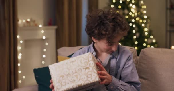 Kıvırcık Saçlı Bir Genç Kanepede Oturuyor Gülümsüyor Ailesinden Aldığı Noel — Stok video
