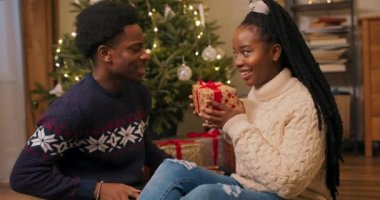 Afrika görünümlü iki arkadaş Noel ağacının yanında oturuyor. Bir kız hediyeyi elinde tutar ve erkeğe verir. Hoş bir şekilde şaşırdı ve karşılığında hediye verdi. Arkadaşlar sevinir ve gülümser..