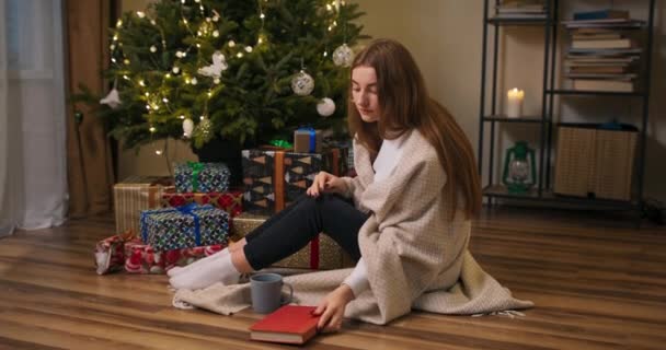 一个漂亮的微笑的女孩在一棵点着灯的圣诞树边喝茶的画像 这个女人正在用裹在毯子里的热饮料取暖 — 图库视频影像