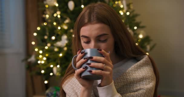 クリスマスツリーでお茶を飲むかなり笑顔の女の子の肖像灯が点灯します 女性は毛布に包まれた暖かい飲み物で自分自身を暖めています — ストック動画