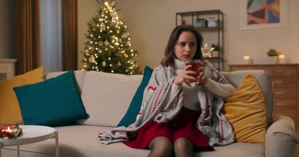 陽気な楽しい素敵な正のかわいい魅力的な女の子はお茶を飲みながらのんきなレジャーを楽しんでクリスマスツリーの近くのソファに座ってブランケットを身に着けている飲み物のいい匂いを感知 — ストック動画