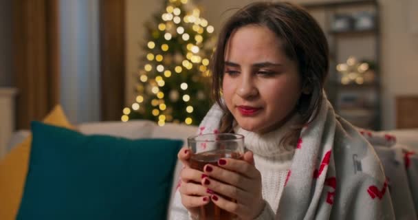 Krásná Žena Sedí Gauči Zabalená Přikrývce Vánočního Stromku Popíjí Čaj — Stock video